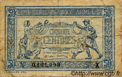 50 Centimes TRÉSORERIE AUX ARMÉES 1919 FRANCIA  1919 VF.02.07 q.MB