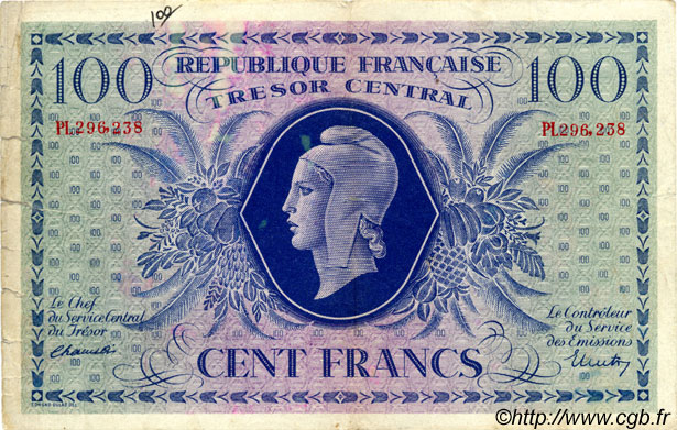 100 Francs MARIANNE FRANCIA  1943 VF.06.01e q.MBa MB