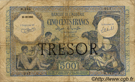 500 Francs ALGÉRIE FRANCE  1943 VF.09.01 B+