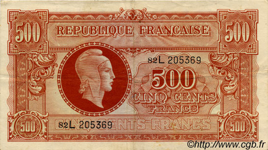 500 Francs MARIANNE fabrication anglaise FRANCE  1945 VF.11.01 VF - XF