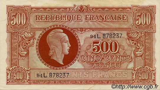 500 Francs MARIANNE fabrication anglaise FRANCIA  1945 VF.11.01 EBC