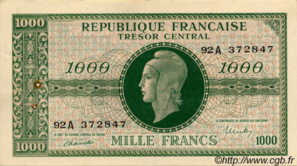 1000 Francs MARIANNE BANQUE D ANGLETERRE FRANCE  1945 VF.12.01 XF
