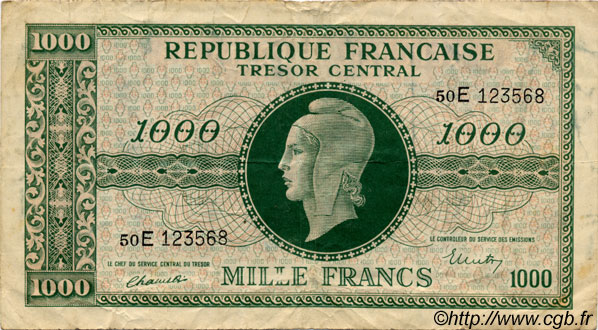1000 Francs MARIANNE THOMAS DE LA RUE FRANCIA  1945 VF.13.02 BC+