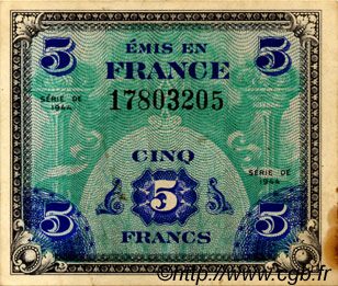 5 Francs DRAPEAU FRANKREICH  1944 VF.17.01 fVZ