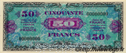 50 Francs DRAPEAU Spécimen FRANCIA  1944 VF.19.00Sp FDC