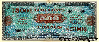 500 Francs DRAPEAU Spécimen FRANCIA  1944 VF.21.00Sp SPL+