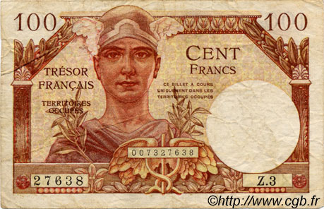 100 Francs TRÉSOR FRANCAIS FRANKREICH  1947 VF.32.03 S to SS
