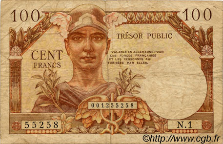100 Francs TRÉSOR PUBLIC FRANCIA  1955 VF.34.01 q.MB