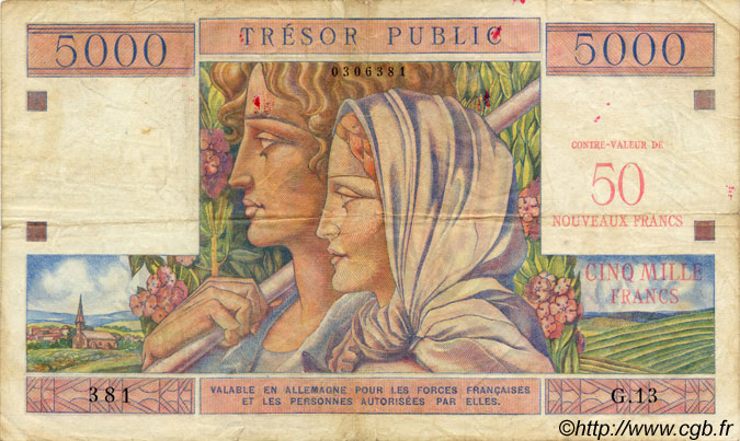 50NF sur 5000 Francs TRÉSOR PUBLIC FRANCIA  1960 VF.39.01 MBC
