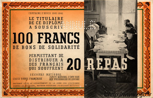 100 Francs - 20 Repas Annulé FRANCE regionalismo e varie  1941 KL.01 q.SPL