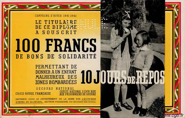 100 Francs - 10 Jours de repos Annulé FRANCE regionalismo y varios  1941 KL.03 SC