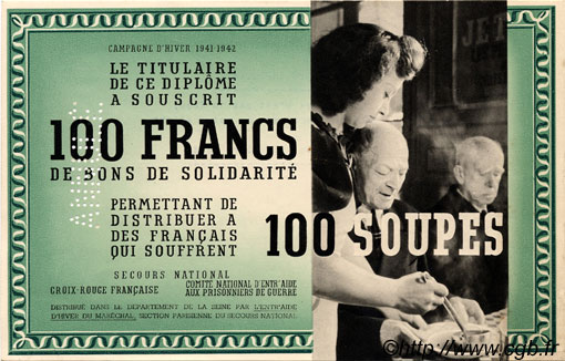 100 Francs - 100 Soupes Annulé FRANCE regionalismo y varios  1941 KL.04 SC+