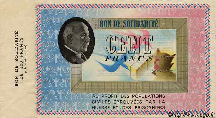 100 Francs BON DE SOLIDARITÉ FRANCE Regionalismus und verschiedenen  1941 KL.10A2 VZ