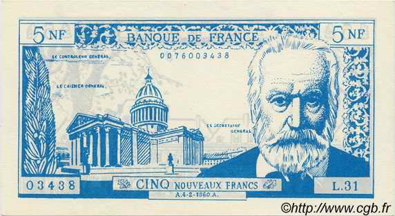 5 Nouveaux Francs VICTOR HUGO FRANCE regionalism and various  1960  UNC