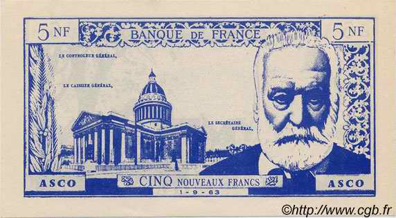 5 Nouveaux Francs VICTOR HUGO FRANCE regionalism and various  1963  UNC