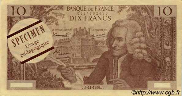 10 Francs VOLTAIRE Spécimen FRANCE regionalism and various  1966  AU