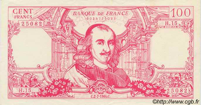 100 Francs CORNEILLE FRANCE Regionalismus und verschiedenen  1964  fST+