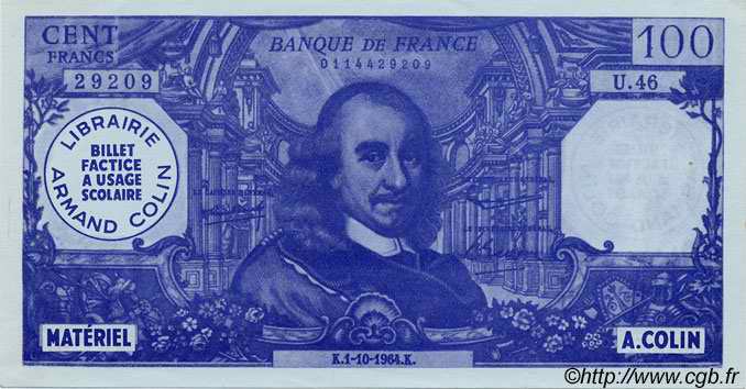 100 Francs CORNEILLE FRANCE regionalismo e varie  1964  AU