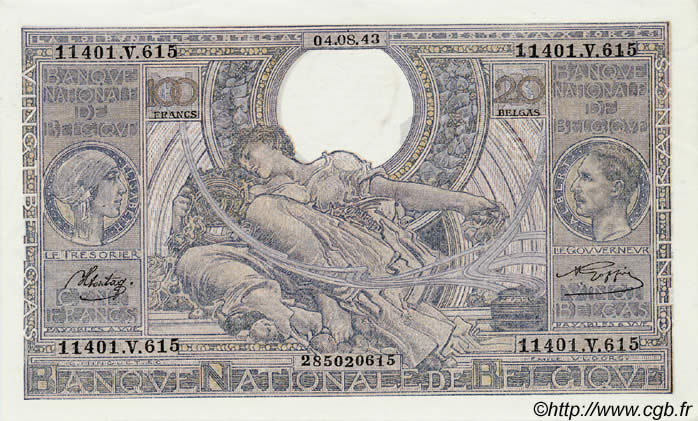 100 Francs - 20 Belgas BELGIEN  1943 P.107 fST+