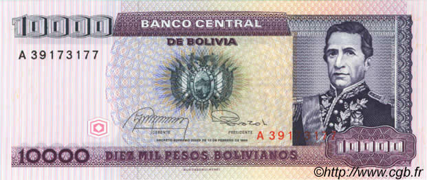 10000 Pesos Bolivianos BOLIVIA  1984 P.169 FDC