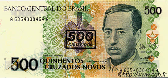 500 Cruzeiros sur 500 Cruzados novos BRAZIL  1990 P.226b UNC-
