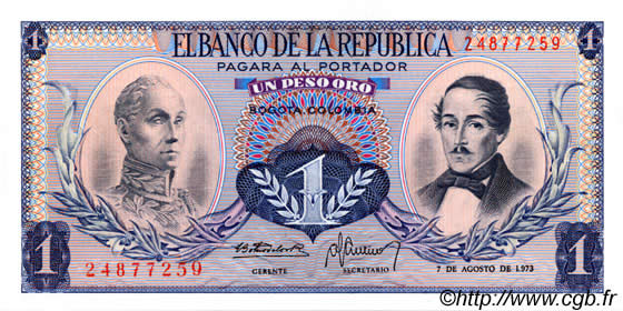 1 Peso oro KOLUMBIEN  1973 P.404e ST