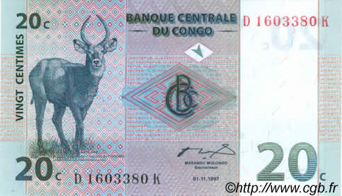 20 Centimes CONGO (RÉPUBLIQUE)  1997 P.083a NEUF