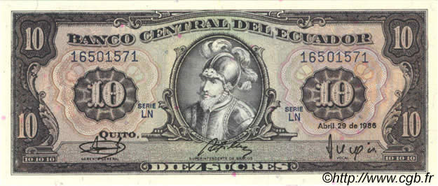 10 Sucres EKUADOR  1986 P.121 ST