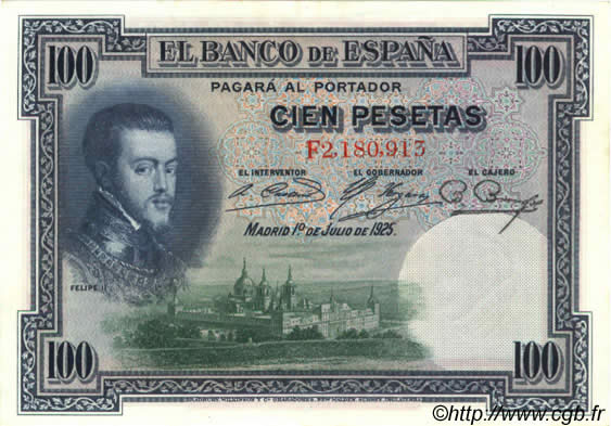 100 Pesetas SPAIN  1925 P.069c VF