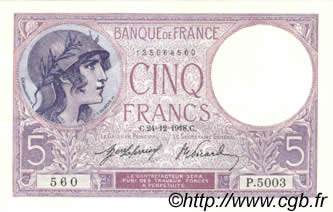 5 Francs FEMME CASQUÉE FRANCE  1918 F.03.02 AU