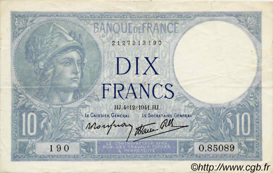 10 Francs MINERVE modifié FRANCE  1939 F.07 VF