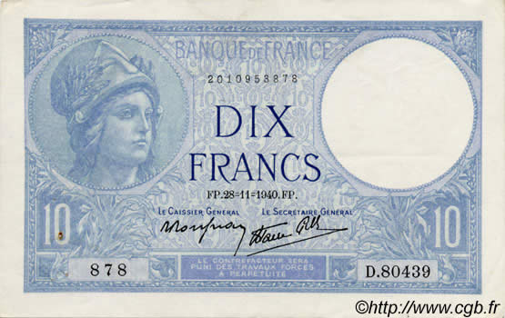 10 Francs MINERVE modifié FRANCE  1939 F.07 XF