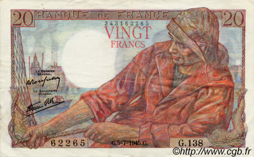 20 Francs PÊCHEUR FRANCE  1942 F.13 VF