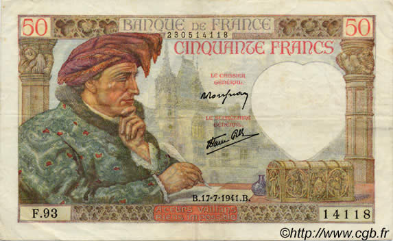 50 Francs JACQUES CŒUR FRANKREICH  1940 F.19 SS