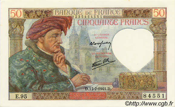 50 Francs JACQUES CŒUR FRANCIA  1941 F.19.12 q.FDC
