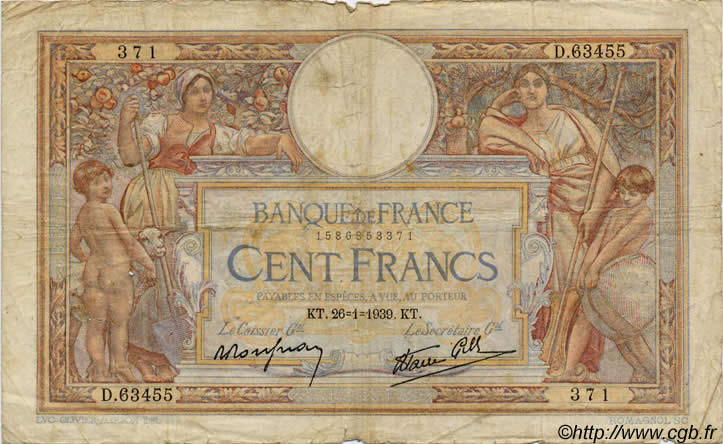 100 Francs LUC OLIVIER MERSON type modifié FRANCIA  1937 F.25 RC