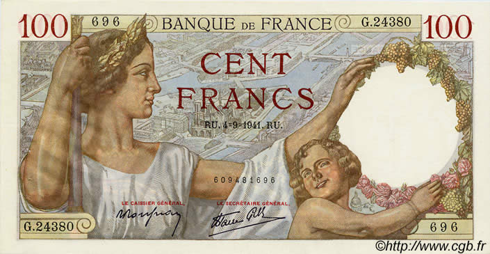 100 Francs SULLY FRANCE  1939 F.26 XF