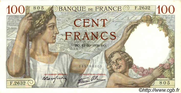 100 Francs SULLY FRANKREICH  1939 F.26.10 fST+