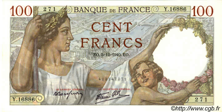 100 Francs SULLY FRANCE  1940 F.26.42 UNC