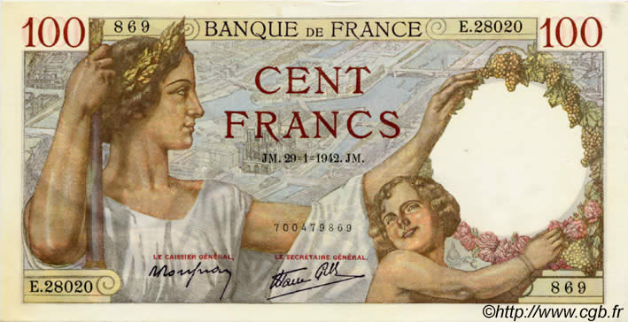 100 Francs SULLY FRANCIA  1942 F.26.65 SC+