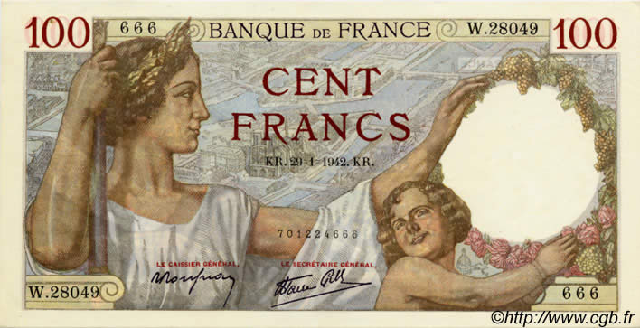 100 Francs SULLY FRANCIA  1942 F.26.65 q.FDC