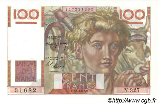 100 Francs JEUNE PAYSAN FRANKREICH  1949 F.28.23 VZ+ to fST