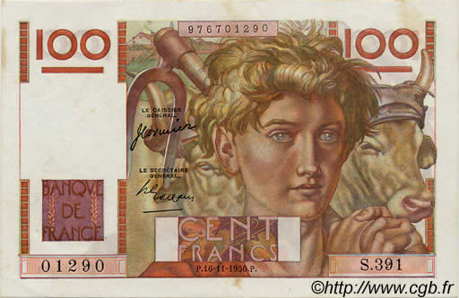 100 Francs JEUNE PAYSAN FRANCIA  1950 F.28.28 EBC a SC