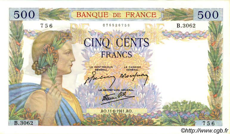 500 Francs LA PAIX FRANCIA  1941 F.32.18 EBC a SC