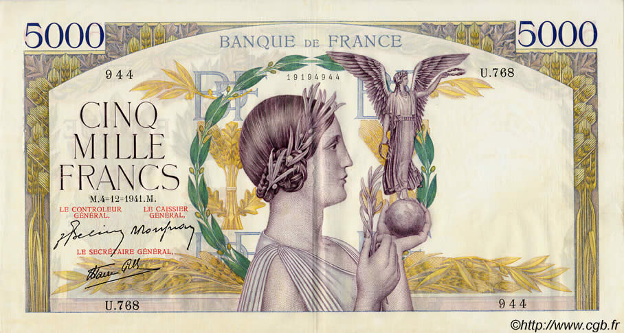 5000 Francs VICTOIRE Impression à plat FRANCE  1941 F.46.30 XF