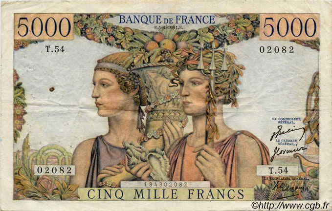 5000 Francs TERRE ET MER FRANKREICH  1949 F.48 S to SS