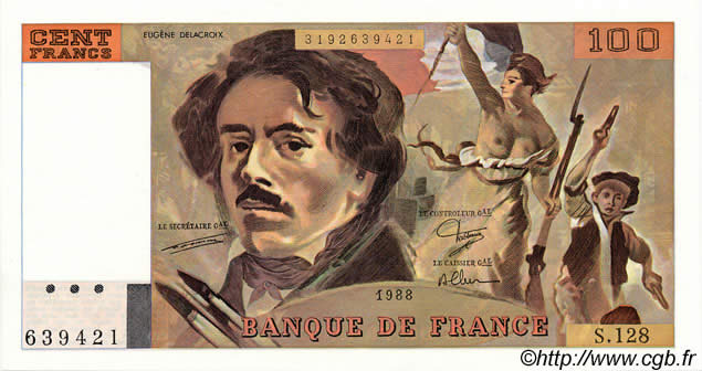 100 Francs DELACROIX modifié FRANKREICH  1988 F.69.12 fST+