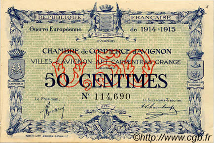 50 Centimes FRANCE regionalism and various Avignon 1915 JP.018.01 UNC