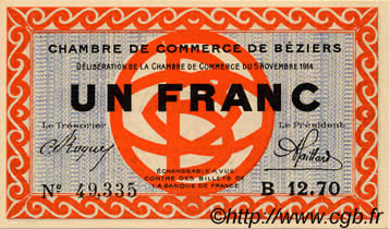 1 Franc FRANCE regionalism and miscellaneous Béziers 1914 JP.027.08 UNC