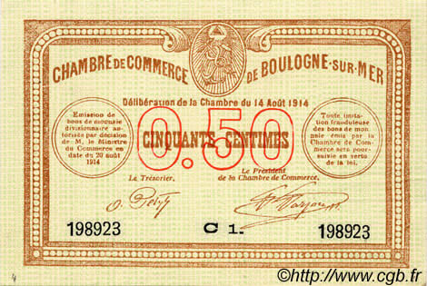 50 Centimes FRANCE regionalismo e varie Boulogne-Sur-Mer  1914 JP.031.11 FDC